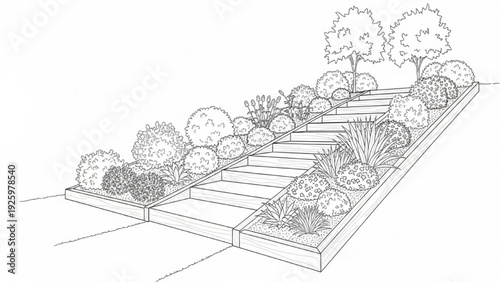 Architectural drawing of a terraced garden with steps and diverse flora, illustrating modern landscape design concepts