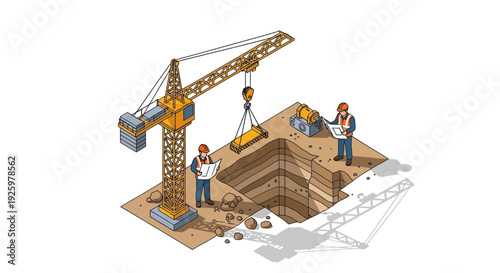 Isometric Construction Site with Crane and Workers.