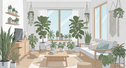 Cozy living room with numerous green houseplants wooden furniture and large windows letting in natural light creating a serene indoor