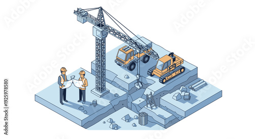 Isometric Construction Site with Engineers and Heavy Machinery.