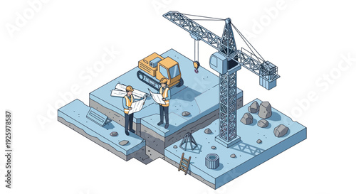 Isometric construction site with engineers and heavy machinery.