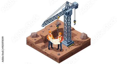 Isometric Construction Site with Tower Crane and Digger.