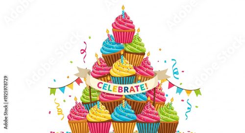 Colorful cupcake tower with celebrate banner and party decorations on white background for birthday or party