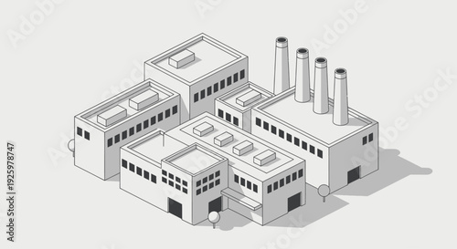Isometric Factory Building Industrial Complex with Smokestacks.