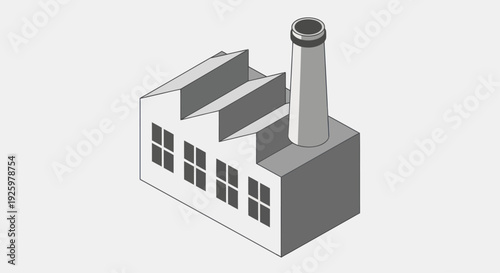 Isometric Factory Building with Chimney and Windows.