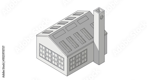 Isometric factory building with chimney and windows.