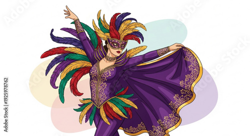 Vibrant mardi gras dancer in purple costume with colorful feathers dancing dynamically on white background with pastel shapes