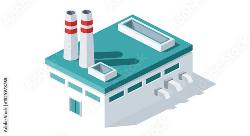 Isometric Factory Building with Chimneys and Industrial Design.