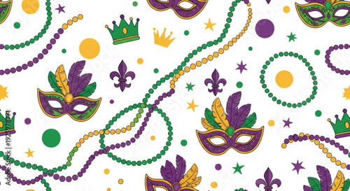 Mardi gras masks beads crowns and fleur de lis on white background for festive party decoration and celebration