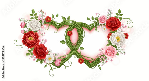 Elegant floral illustration of intertwined vines forming a heartfelt emblem, adorned with red and pink roses, beautifully symbolizing feminine partnership and romantic affection