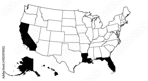 Conceptual outline map of the United States, visually emphasizing a selection of key states with dark shading, ideal for demonstrating regional groupings or demographic patterns across the nation