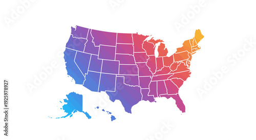 Modern United States map illustration showcasing all states with a vibrant, eye-catching color gradient from cool blues to warm reds, ideal for geographical and travel concepts