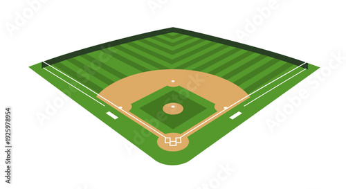 Pristine baseball diamond vector illustration. Top-down view of a vibrant green grass field and brown dirt infield, representing a classic outdoor sports venue, perfect for game graphics