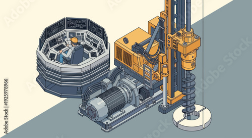 Isometric illustration of a drilling rig and a control room for industrial operations.