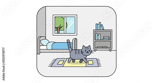 A charming cartoon illustration depicts a cute grey cat with stripes gracefully walking across a yellow rug in a cozy bedroom scene, featuring a bed, a window with trees outside, and a bookshelf