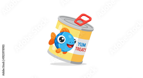 Cute cartoon fish peeking out of a tin can of yum treats, perfect for pet food or treat branding and illustrations