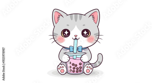 Cute cartoon kitten enjoying a delicious bubble tea with pink pearls, a whimsical illustration of a cat lover's dream beverage