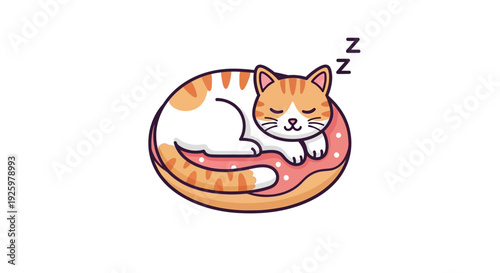 Charming cartoon illustration featuring a sleepy feline curled up on a soft, frosted donut, capturing a moment of serene rest and sweet dreams perfect for animal and dessert themed concepts