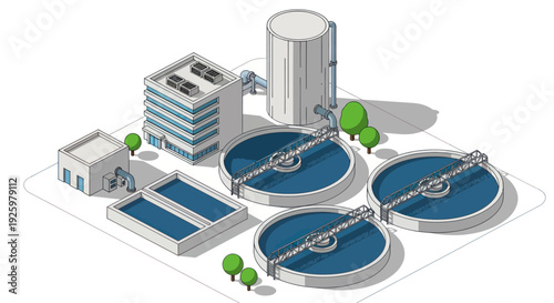 Isometric illustration of a modern wastewater treatment plant.