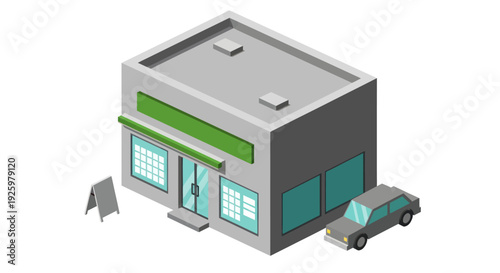 Isometric illustration of a small retail store with a car parked outside.