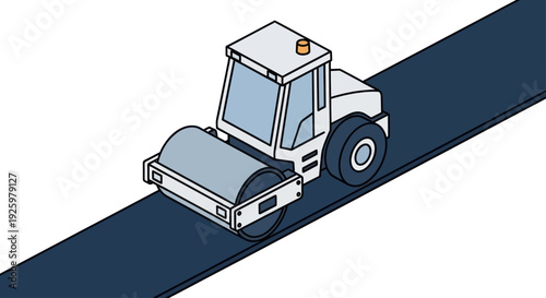 Isometric illustration of a white steamroller compacting asphalt on a road.
