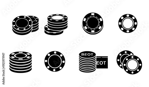 Black and white casino poker chips and gambling icon set isolated on transparent background