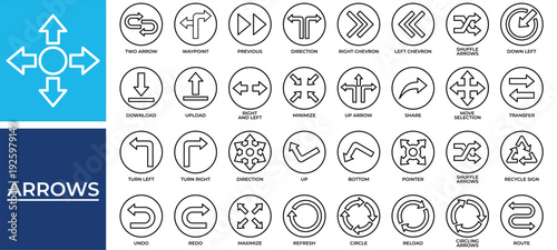 Arrows icon set collection. Containing trust, guidance, rise, share, transfer, arrows, out .Line vector icons collection
