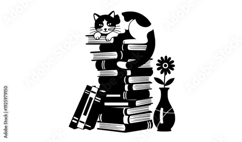 Decorative black and white cat resting on stacked books with flower vase isolated on transparent background