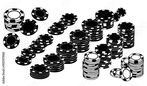Decorative black and white casino gambling poker chips vector set isolated on transparent background