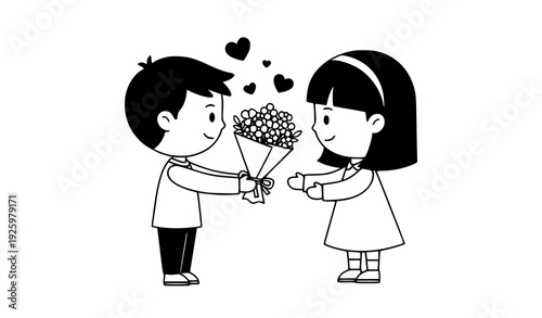 Cute boy giving flower bouquet to girl with hearts isolated on transparent background