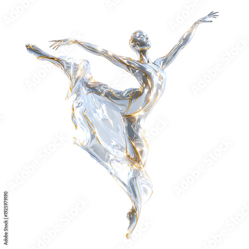 3d render of a fluid glass woman dancing, transparent and white with gold highlights, isolated on a black background.