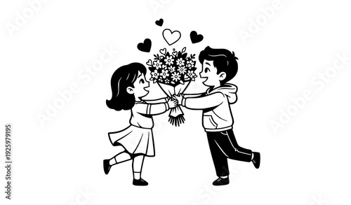 Decorative romantic boy presenting flower bouquet to girl with hearts isolated on transparent background