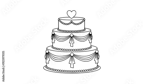 Simple black and white line art two tier wedding cake with heart topper isolated on transparent background
