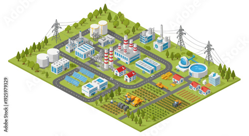 Isometric Industrial Cityscape with Factories and Farms.