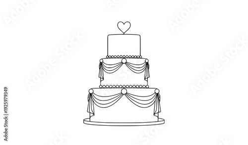 Minimal outline two tier wedding cake with pearl swags and heart topper isolated on transparent background