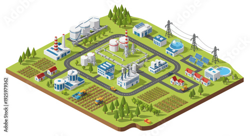 Isometric Industrial Cityscape with Factories and Infrastructure.