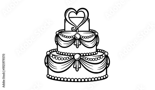 Decorative black and white two tier wedding cake with pearl garlands and heart topper isolated on transparent background