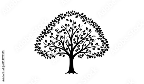 Black silhouette stylized tree with full canopy isolated on transparent background