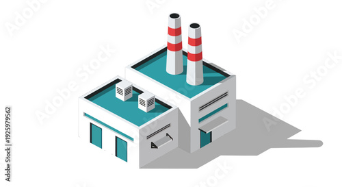 Isometric Industrial Factory Building with Chimneys and Air Conditioners.