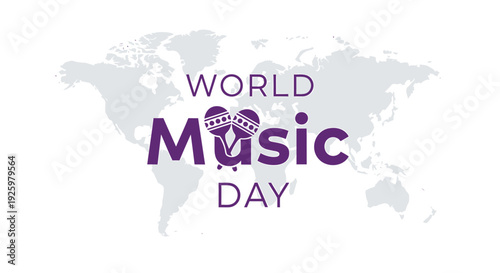 World Music Day purple text with musical notes on world map