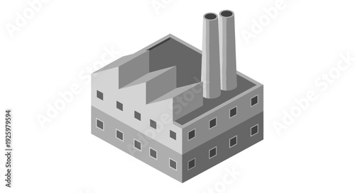Isometric Industrial Factory Building with Chimneys and Multiple Floors.