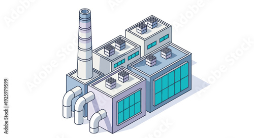 Isometric Industrial Factory Building with Chimney and Pipes.