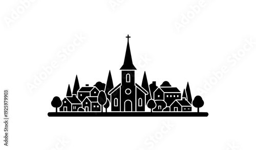 Black silhouette church and houses with trees vector isolated on transparent background