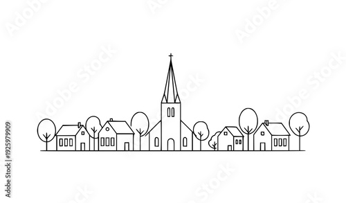 Minimal outline church and village houses with trees vector isolated on transparent background