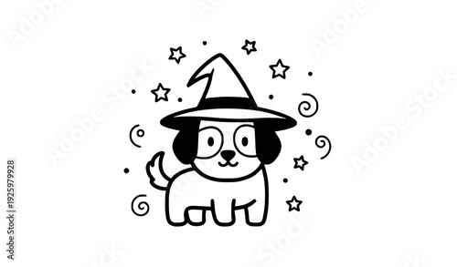 Cartoon dog wearing witch hat with stars and swirls vector isolated on transparent background