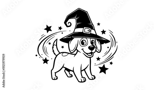 Decorative cartoon dog wearing crooked witch hat with stars and swirls vector isolated on transparent background