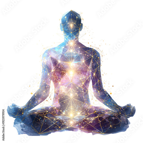 an artistic representation of the human figure in a lotus pose, surrounded by glowing geometric patterns and ethereal light on a black background.