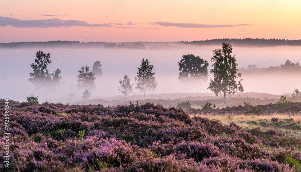 Obraz premium Nebel über stiller Moorlandschaft im Morgengrauen