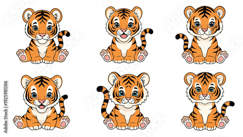Six Adorable Cartoon Baby Tiger Cubs Sitting Illustration Set on White Background, Cute and Playful Animal Character Design