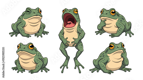 Set of Funny Cartoon Green Frogs with Diverse Expressions & Poses Isolated on White Background